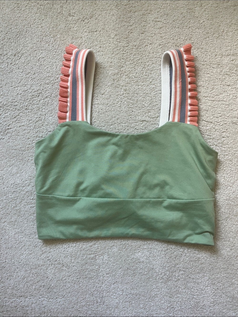 Sage Green Crop Tank with Coral-Striped Ruffle Straps